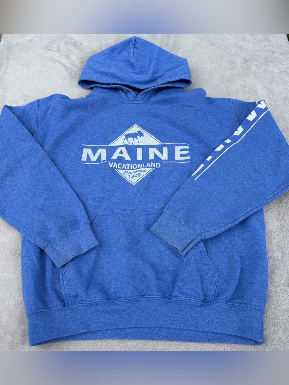 Gildan Blue Maine Hoodie with Moose Graphic Worn In Distressed Womens Med READ